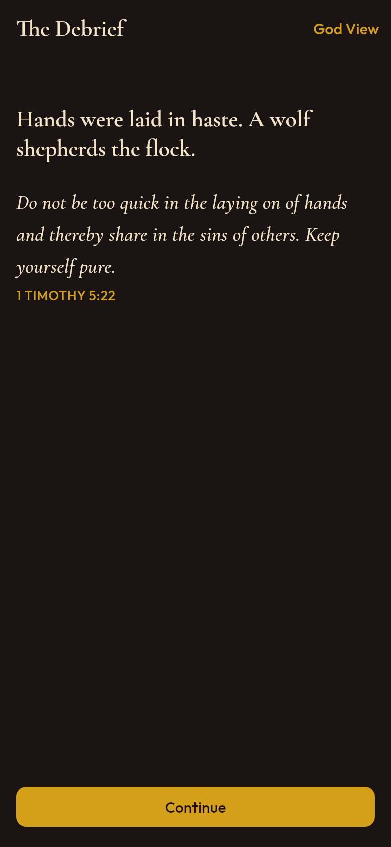 The debrief: hands were laid in haste, a wolf shepherds the flock — citing 1 Timothy 5:22.