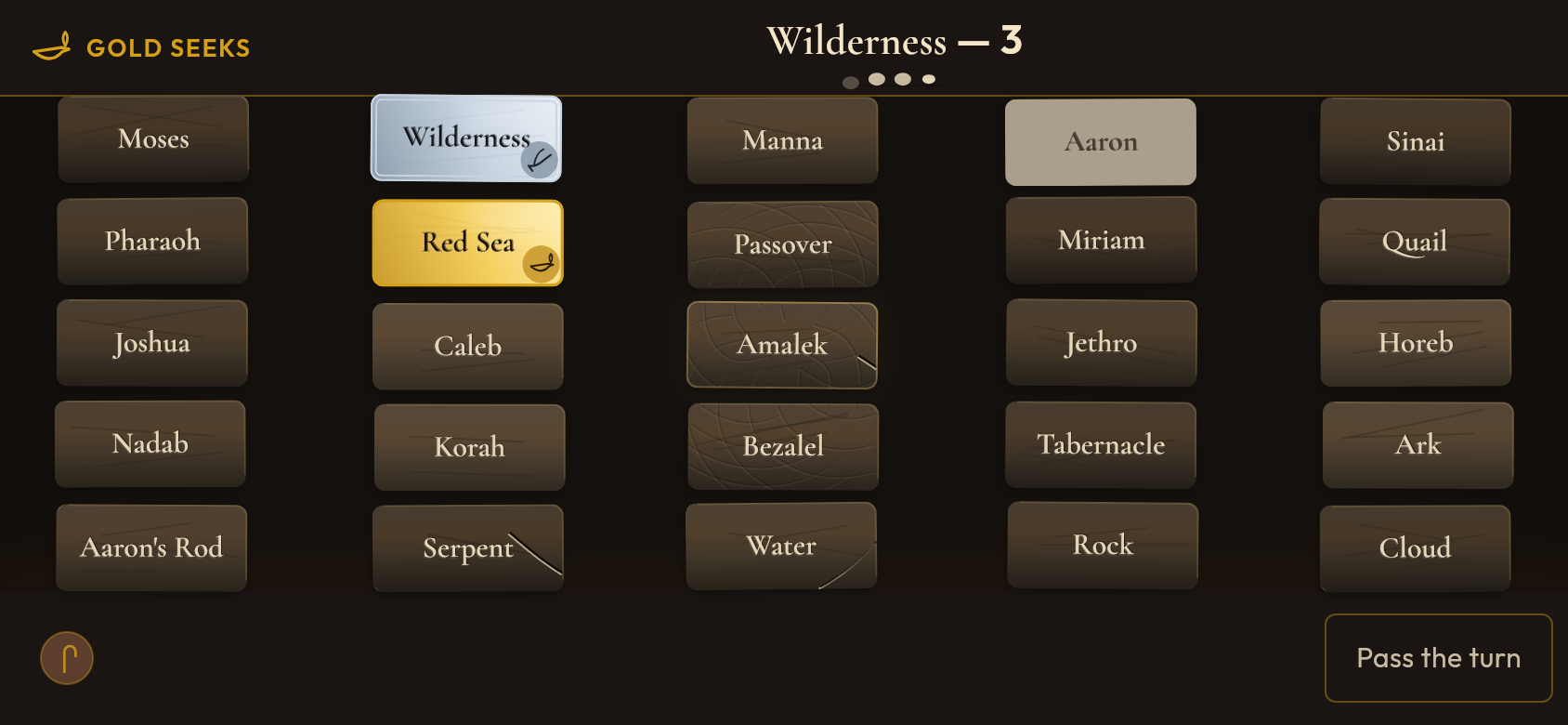A Hidden Word board mid-seek: a field of stone tablets — Wilderness marked found, Red Sea glowing gold.