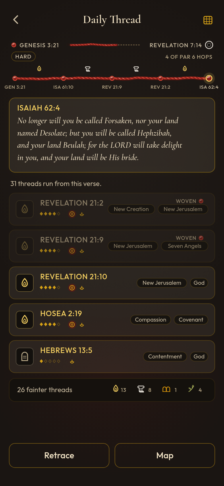 A Daily Thread mid-journey: Isaiah 62:4 open on the warm dark ground, the traced cord scarlet behind it, and the verse’s outgoing cross-references fanned below as choosable rows.