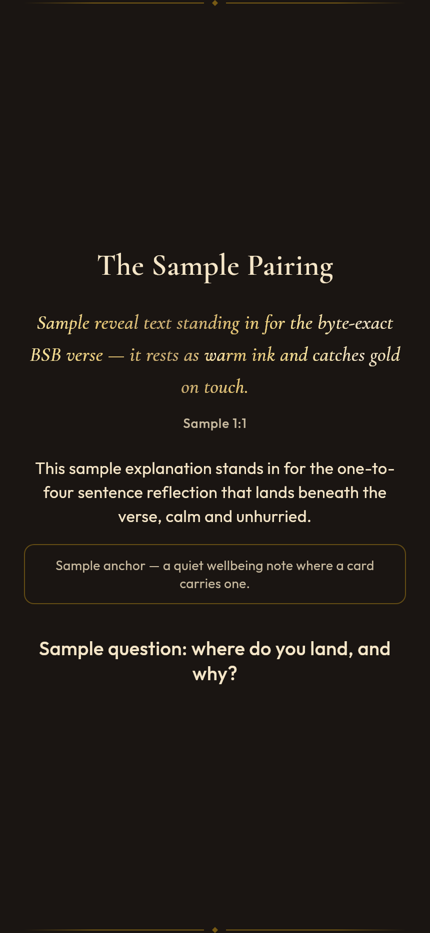 A Selah reveal: a verse card resting above a short reflection and the question — where do you land, and why?