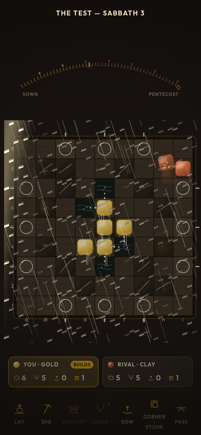 Tested Stone during a storm Sabbath: rain sweeping the board while gold stones hold on bedrock.